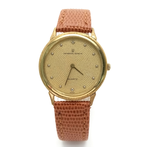 1908 - A Universal Geneve Quartz Gents Watch. Brown leather strap. Gilded case - 32mm. Gilded dial with whi... 