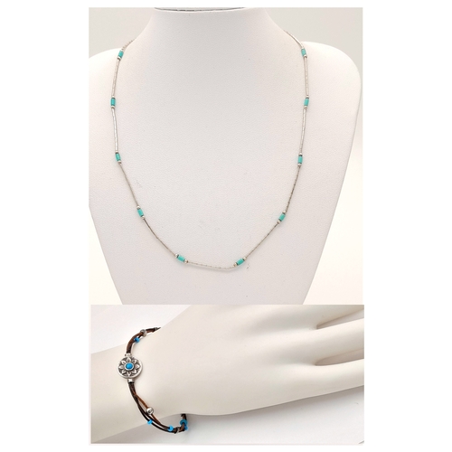1926 - 2X silver Turquoise bracelet and necklace. Total length 20 and 42 cm. Total weight 6.8G.