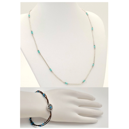 1926 - 2X silver Turquoise bracelet and necklace. Total length 20 and 42 cm. Total weight 6.8G.