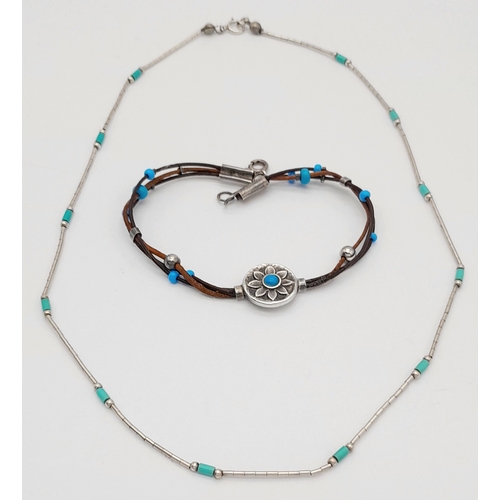 1926 - 2X silver Turquoise bracelet and necklace. Total length 20 and 42 cm. Total weight 6.8G.