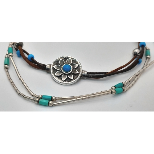 1926 - 2X silver Turquoise bracelet and necklace. Total length 20 and 42 cm. Total weight 6.8G.