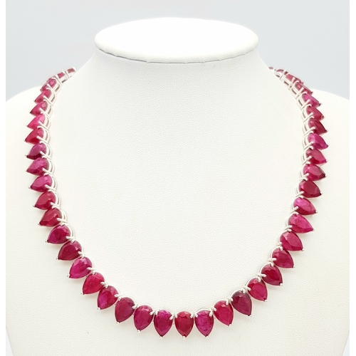 1923 - A Pear Cut Ruby Gemstone Necklace. Total length 44cm. 925 Silver. CD-1923