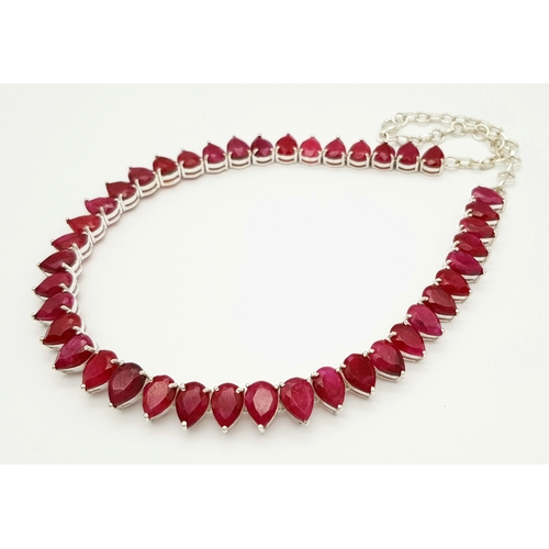 1923 - A Pear Cut Ruby Gemstone Necklace. Total length 44cm. 925 Silver. CD-1923
