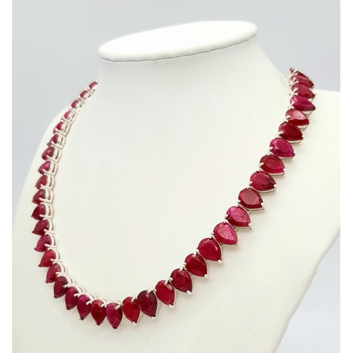 1923 - A Pear Cut Ruby Gemstone Necklace. Total length 44cm. 925 Silver. CD-1923