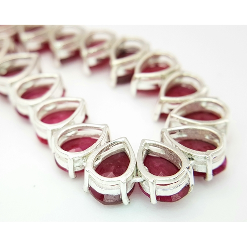 1923 - A Pear Cut Ruby Gemstone Necklace. Total length 44cm. 925 Silver. CD-1923