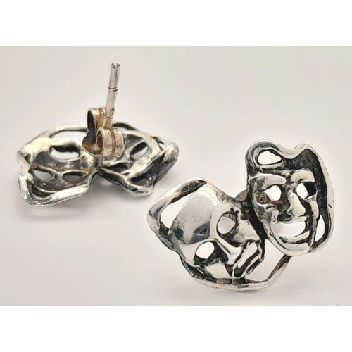 1974 - A vintage pair of silver theatre mask earrings. Total weight 2.3G.
