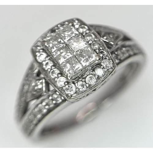 724 - An Art Deco Style, 14K White Gold Diamond Cluster Ring. Set with c. 0.75ctw of high grade Princess a... 