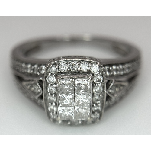 724 - An Art Deco Style, 14K White Gold Diamond Cluster Ring. Set with c. 0.75ctw of high grade Princess a... 