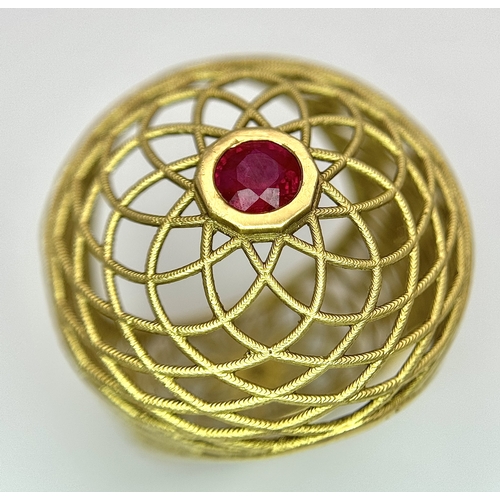 A Beautiful Open-Work 18K Yellow Gold and Ruby Ring in Woven Form. Size ...