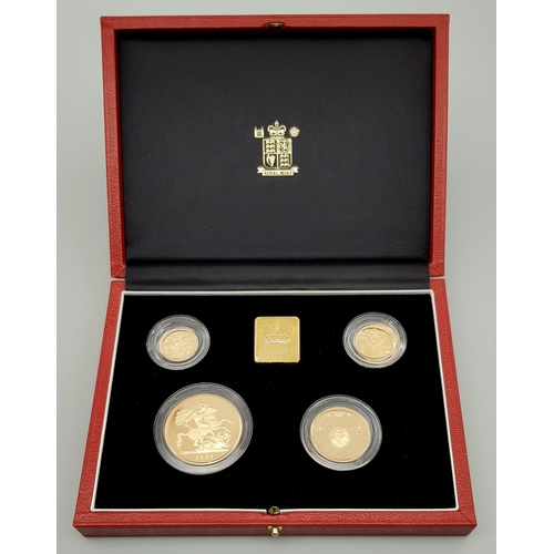 A 1994 United Kingdom Gold Proof Sovereign Four Coin Collection. The 1994, 22K gold proof four coin sovereign collection contains the gold sovereign and half sovereign, along with the two pound coin (double sovereign) and a five pound gold coin. 67.88g total 22k gold weight. The gold plated medallion included in this set has the design of a dog in 1994. Limited edition - 668 of 1250. Comes with a certificate of authenticity and presentation case.