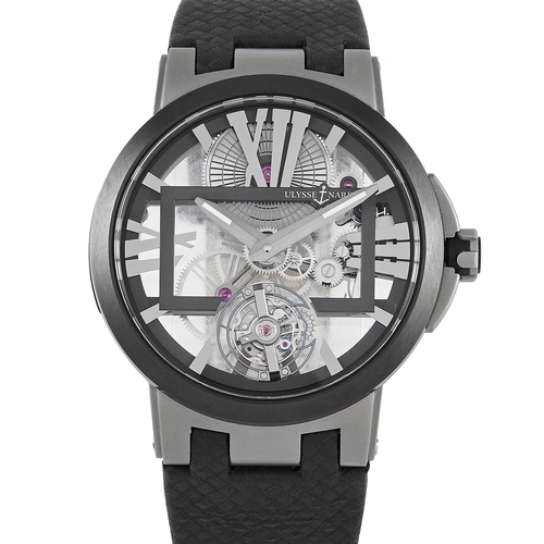 Ulysse Nardin Executive Skeleton Tourbillon Watch. Ulysse Nardin added the Executive Skeleton Tourbillon Watch 1713-13 to their product line in 2016. This timepiece comes with a 45mm titanium case with scratch-resistant sapphire crystals on both sides and a three-piece lug design. The front face of the case is in satin finish, with a matt black ceramic bezel. The open-worked dial comes finished with simple and modern industrial details. You have a mesmerizing view of the movement ticking inside. Also on the dial is a black inner chapter ring with oversized and stylized Roman numeral hour markers, matte hands with luminous fill, and a tourbillon at 6 o'clock. Ulysse Nardin in-house caliber UN-171 powers this watch. This 23-jewel movement delivers an impressive 170-hour power reserve. This Ulysse Nardin Executive Skeleton Tourbillon Watch 1713-139  completes with papers and the manufacturer's elegant presentation box. R - 300023. This item is held at Cadmore USA Office in Pennsylvania, USA and will be shipped from there. Buyers will be responsible for direct shipping payments.* ID: 300023