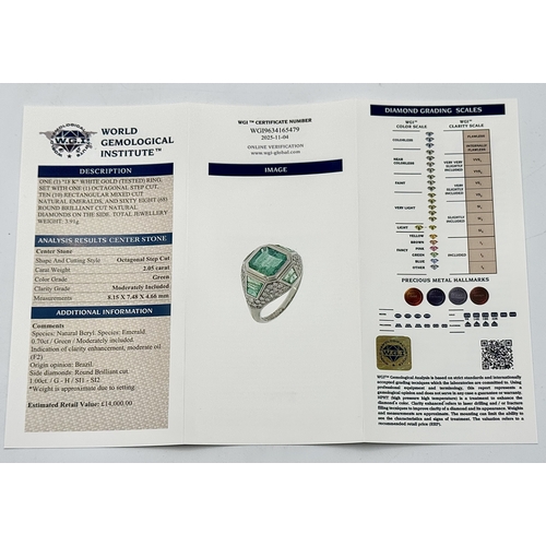 1572 - A Stunning W.G.I Certified 18K White Gold, Emerald and Diamond Ring. A 2.05ct Brazilian octagonal st... 