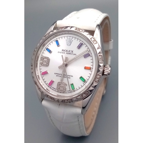 310 - A VERY SPECIAL ROLEX OYSTER PERPETUAL WITH DIAMOND BEZEL AND GEMSTONE NUMERALS, CUSTOM MADE AND COMI... 