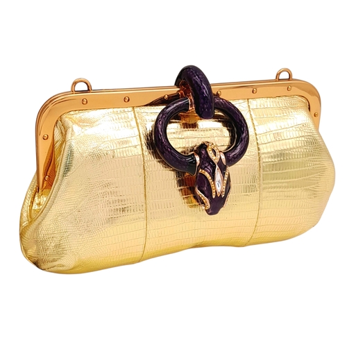 37 - A Gucci Gold Lizard-Effect Clutch with Jewelled Snake Handle. Gold metallic lizard-embossed leather ... 
