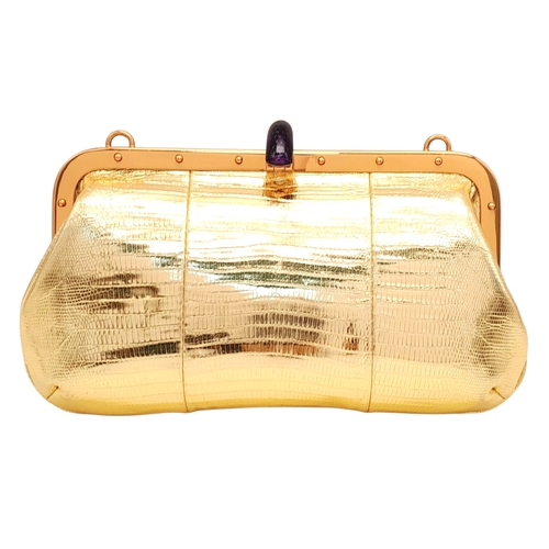 37 - A Gucci Gold Lizard-Effect Clutch with Jewelled Snake Handle. Gold metallic lizard-embossed leather ... 