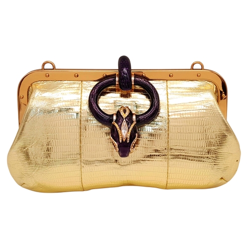 37 - A Gucci Gold Lizard-Effect Clutch with Jewelled Snake Handle. Gold metallic lizard-embossed leather ... 