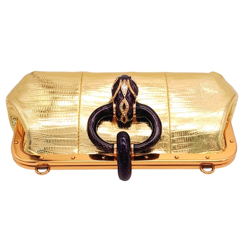 37 - A Gucci Gold Lizard-Effect Clutch with Jewelled Snake Handle. Gold metallic lizard-embossed leather ... 