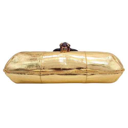 37 - A Gucci Gold Lizard-Effect Clutch with Jewelled Snake Handle. Gold metallic lizard-embossed leather ... 