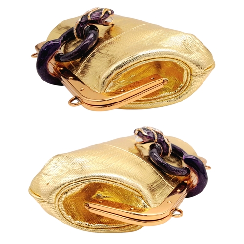 37 - A Gucci Gold Lizard-Effect Clutch with Jewelled Snake Handle. Gold metallic lizard-embossed leather ... 