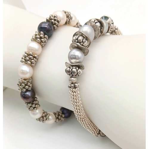 1067 - 2X vintage Pearls and silver-tone bead spacer link fashion bracelets. One of them is adjustable, the... 