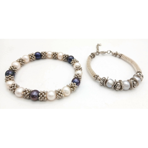 1067 - 2X vintage Pearls and silver-tone bead spacer link fashion bracelets. One of them is adjustable, the... 