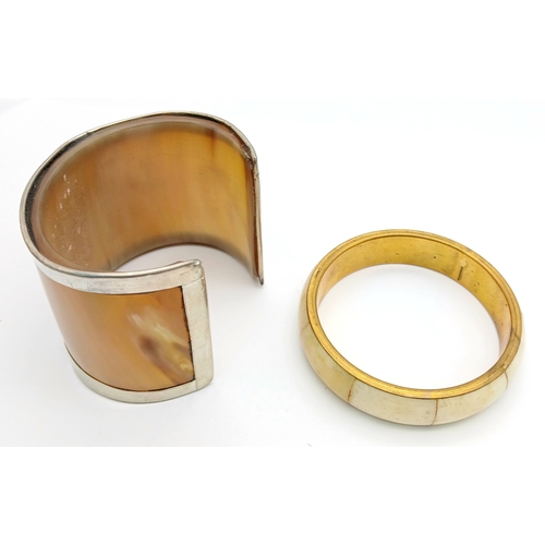 1074 - 2X vintage Bone and Horn bangles. One is cuff bangle with inner length 7cm. The other has 7.4cm diam... 