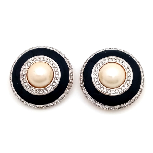 1079 - A vintage 1990s pair of designer Carolee black Faux Pearl, stone set and black enamelled circular  g... 