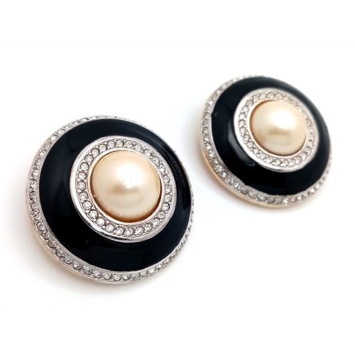 1079 - A vintage 1990s pair of designer Carolee black Faux Pearl, stone set and black enamelled circular  g... 