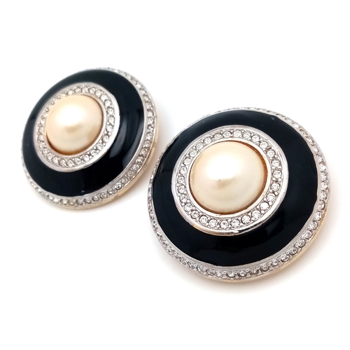 1079 - A vintage 1990s pair of designer Carolee black Faux Pearl, stone set and black enamelled circular  g... 