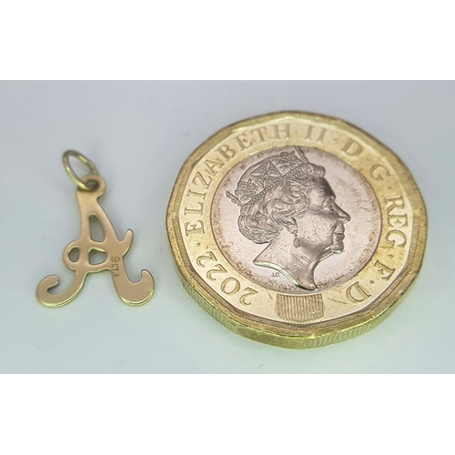 7 - Dainty 9 CARAT GOLD INITIAL  ‘A’   CHARM. 0.31 Grams. 1.5 cm.