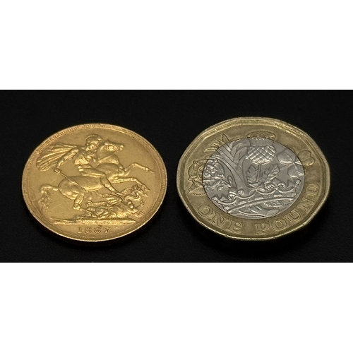 22 - 1887 QUEEN VICTORIA YOUNG HEAD MELBOURNE MINT FULL SOVEREIGN COIN. 9883