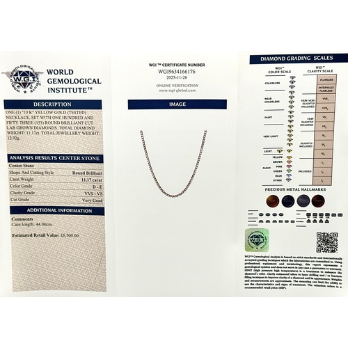 27 - A FABULOUS 10K YELLOW GOLD TENNIS NECKLACE WITH 11.17ctw OF TOP QUALITY LAB GROWN DIAMONDS. D - E IN... 