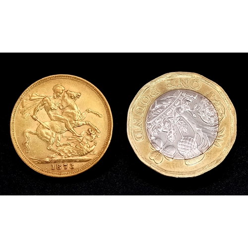 4 - 1873 QUEEN VICTORIA YOUNG HEAD MELBOURNE MINT FULL SOVEREIGN COIN. 9725 - 21