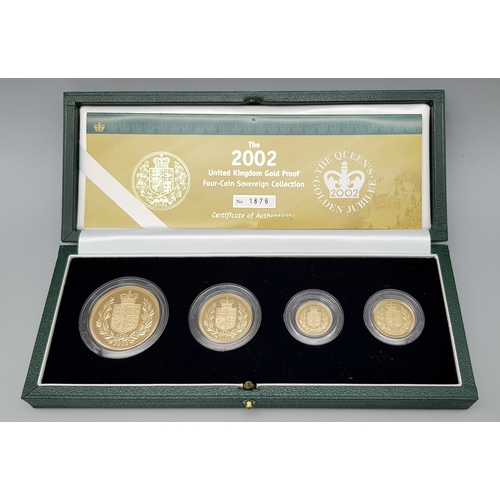 A 2002 United Kingdom Gold Proof Four-Coin Sovereign Collection. This is the limited Shield Back version of the four coin Sovereign set to mark the Queen's Jubilee, rather than the traditional George and Dragon. Includes: Half Sovereign, Full Sovereign, Two Pound and Five pound Coins. 67.88g total 22k gold weight. Limited edition - No. 1876 of 3000. Comes with a certificate of authenticity and presentation case. In excellent condition. A wonderful coin collectible or gift to hand down to loved ones.