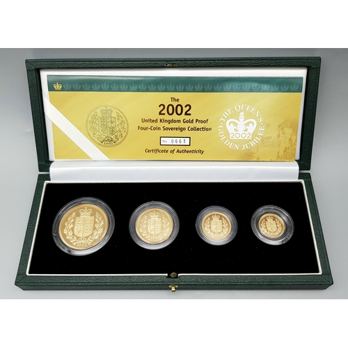 A 2002 United Kingdom Gold Proof Four-Coin Sovereign Collection. The coins in the 2002 4-Coin Gold Proof Sovereign Set have a special shield design to celebrate the Golden Jubilee of Queen Elizabeth II. The design only appeared on Sovereigns in 2002. The set includes a quintuple, double, full and half Sovereign, all dated 2002.
67.88g total weight of 22k gold. Limited edition - 0663 of 3000. Comes with a certificate of authenticity and presentation case. In excellent condition. A wonderful coin collectible or gift to hand down to loved ones.