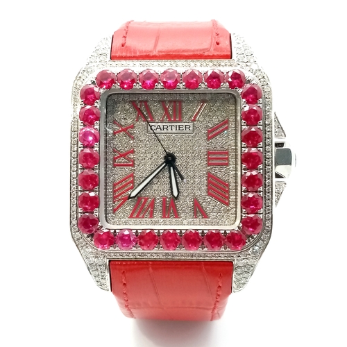 10 - A CARTIER SANTOS 100 DIAMOND AND RUBY LADIES WATCH. RED LEATHER BRACELET. STAINLESS STEEL CASE - 38 ... 