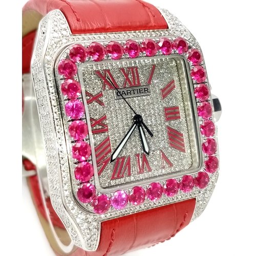 10 - A CARTIER SANTOS 100 DIAMOND AND RUBY LADIES WATCH. RED LEATHER BRACELET. STAINLESS STEEL CASE - 38 ... 