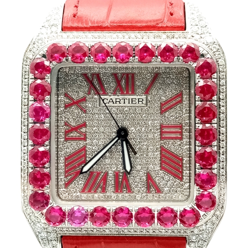 10 - A CARTIER SANTOS 100 DIAMOND AND RUBY LADIES WATCH. RED LEATHER BRACELET. STAINLESS STEEL CASE - 38 ... 