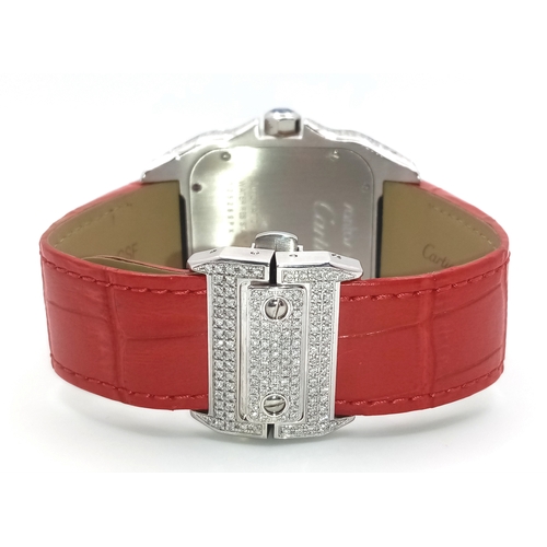 10 - A CARTIER SANTOS 100 DIAMOND AND RUBY LADIES WATCH. RED LEATHER BRACELET. STAINLESS STEEL CASE - 38 ... 