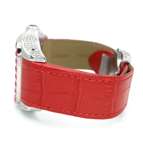 10 - A CARTIER SANTOS 100 DIAMOND AND RUBY LADIES WATCH. RED LEATHER BRACELET. STAINLESS STEEL CASE - 38 ... 