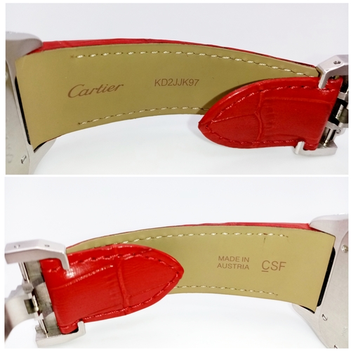 10 - A CARTIER SANTOS 100 DIAMOND AND RUBY LADIES WATCH. RED LEATHER BRACELET. STAINLESS STEEL CASE - 38 ... 