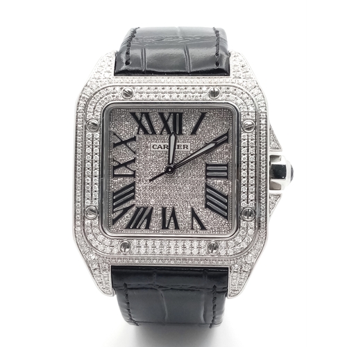 17 - A CARTIER SANTOS 100 WATCH IN STAINLESS STEEL WITH ADDITIONAL LATER CUSTOM DIAMOND DIAL, BEZEL, SHOU... 