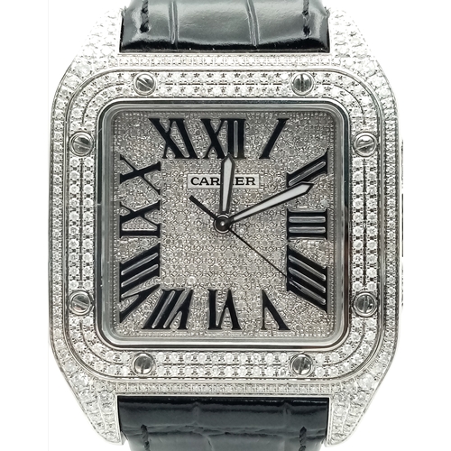17 - A CARTIER SANTOS 100 WATCH IN STAINLESS STEEL WITH ADDITIONAL LATER CUSTOM DIAMOND DIAL, BEZEL, SHOU... 