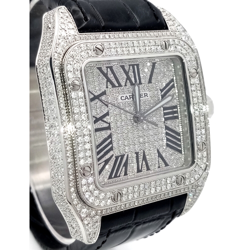 17 - A CARTIER SANTOS 100 WATCH IN STAINLESS STEEL WITH ADDITIONAL LATER CUSTOM DIAMOND DIAL, BEZEL, SHOU... 
