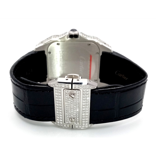 17 - A CARTIER SANTOS 100 WATCH IN STAINLESS STEEL WITH ADDITIONAL LATER CUSTOM DIAMOND DIAL, BEZEL, SHOU... 