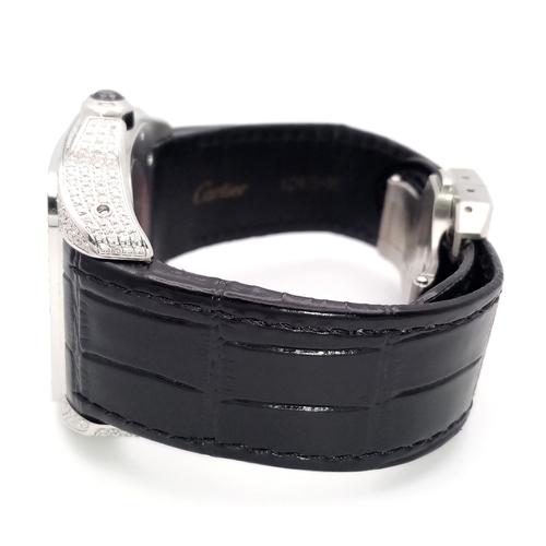17 - A CARTIER SANTOS 100 WATCH IN STAINLESS STEEL WITH ADDITIONAL LATER CUSTOM DIAMOND DIAL, BEZEL, SHOU... 