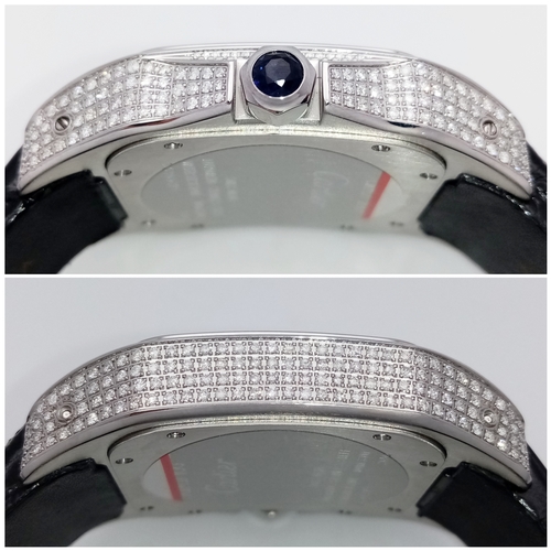 17 - A CARTIER SANTOS 100 WATCH IN STAINLESS STEEL WITH ADDITIONAL LATER CUSTOM DIAMOND DIAL, BEZEL, SHOU... 
