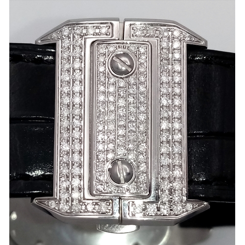 17 - A CARTIER SANTOS 100 WATCH IN STAINLESS STEEL WITH ADDITIONAL LATER CUSTOM DIAMOND DIAL, BEZEL, SHOU... 