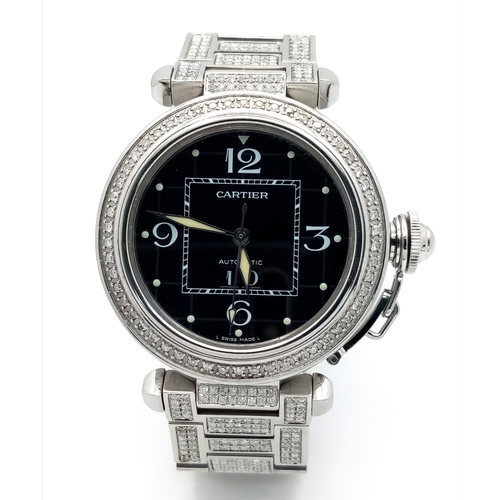 30 - A PASHA DE CARTIER DIAMOND AUTOMATIC LADIES WATCH. STAINLESS STEEL BRACELET AND CASE - 36MM. BLACK D... 