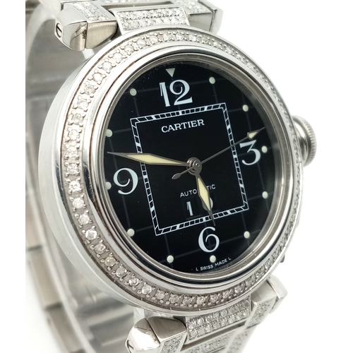 30 - A PASHA DE CARTIER DIAMOND AUTOMATIC LADIES WATCH. STAINLESS STEEL BRACELET AND CASE - 36MM. BLACK D... 